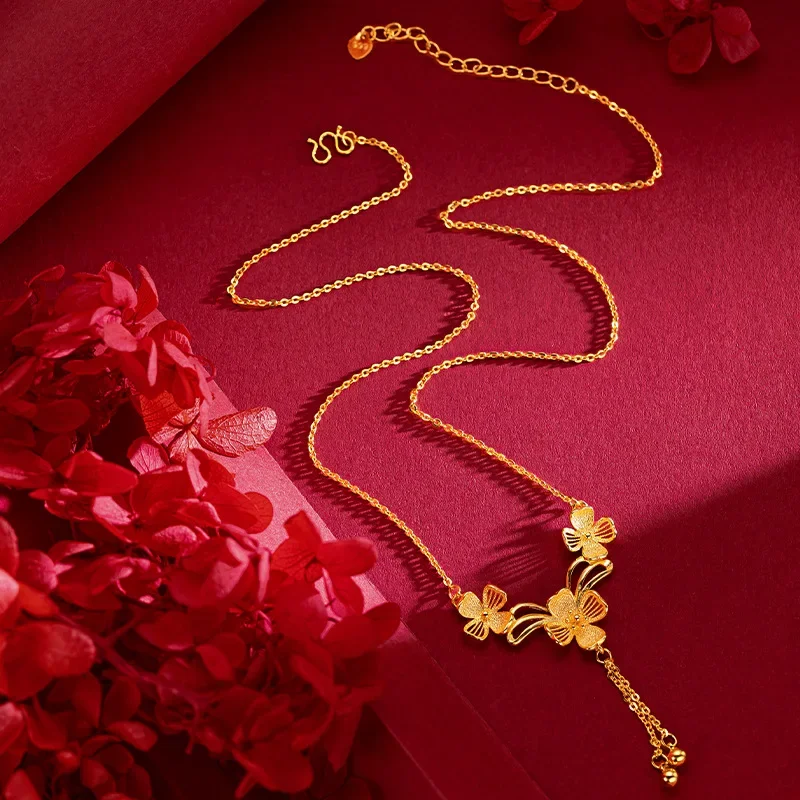 9999 Real Gold 24K Golden Girl Long Flower Clavicle Necklace Premium Wedding Osmanthus Flower Set Chain