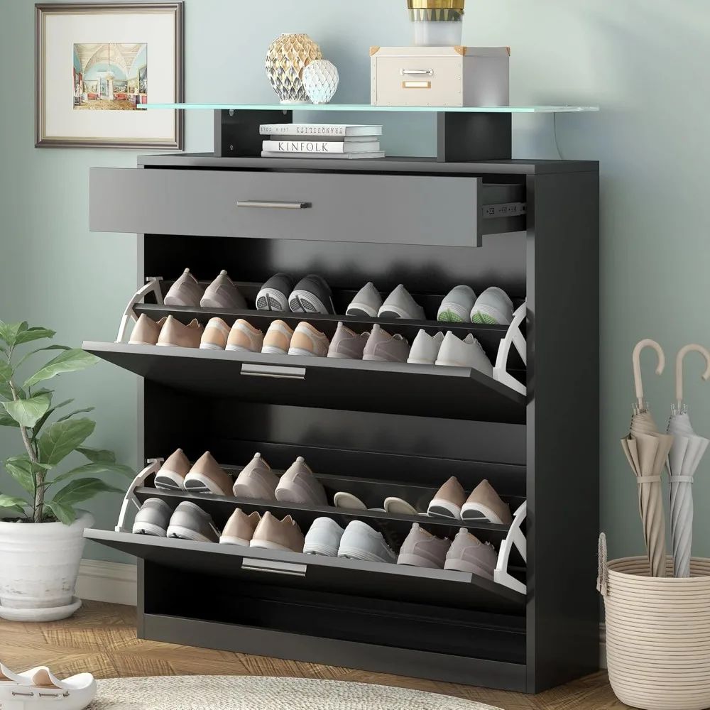 

Slim Entryway Organizer with 2 Flip Drawers - Tempered Glass Top Shoe Cabinet with LED Light, Freestanding for Hallway