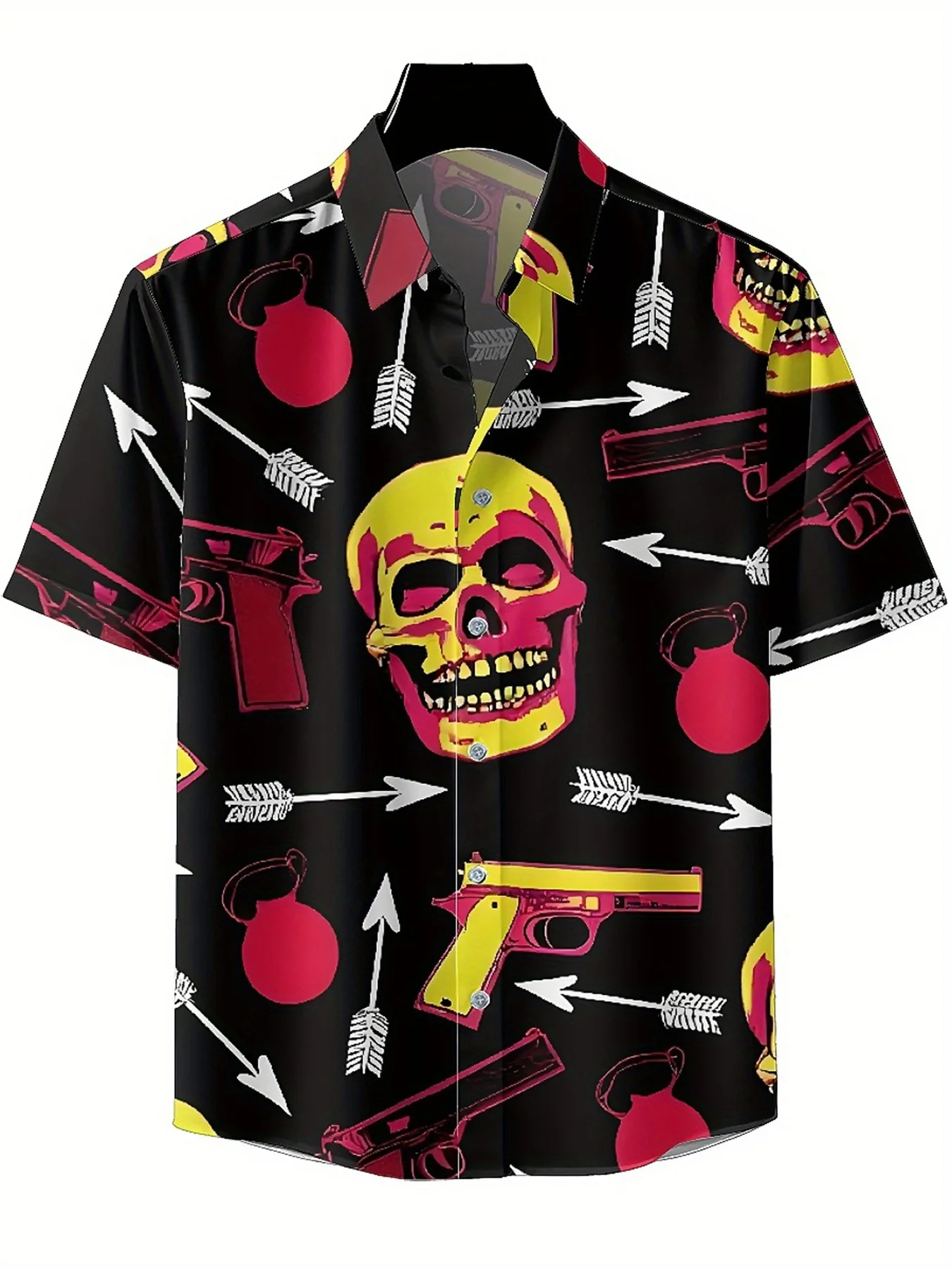 قمصان هاواي مقاس كبير للرجال _ نمط جمجمة وأسلحة، قمصان بأزرار، ملابس كاجوال للجنسين، قمصان صيفية