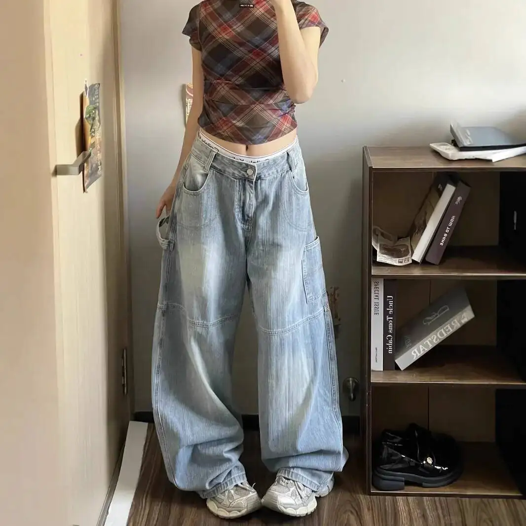 

Women Denim Pants Retro Street Style Jeans National Trend Letter Print Design Versatile Straight Wide Leg Casual Pants