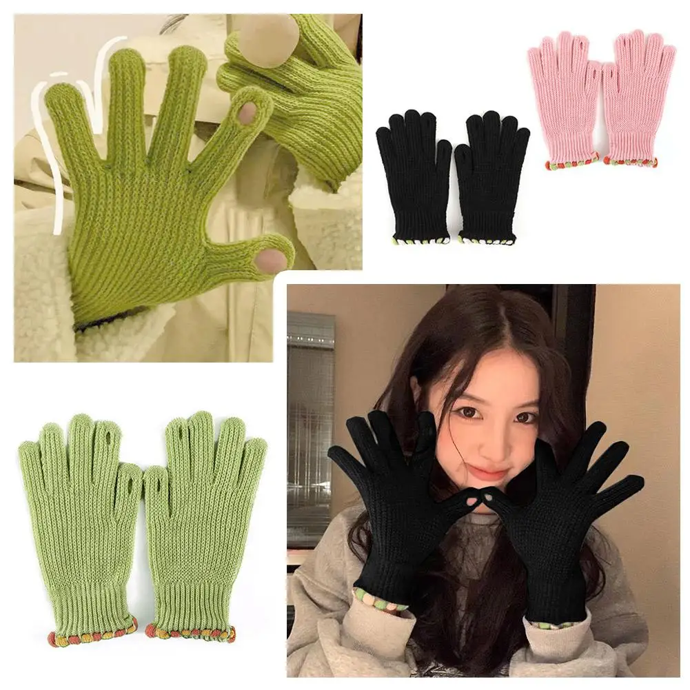 1pcs Women's Winter Wool Gloves Small Knitted Jelly Bean Touch Screen Gloves for Outdoor Riding Warm Thick with Leakage Ref T2I3