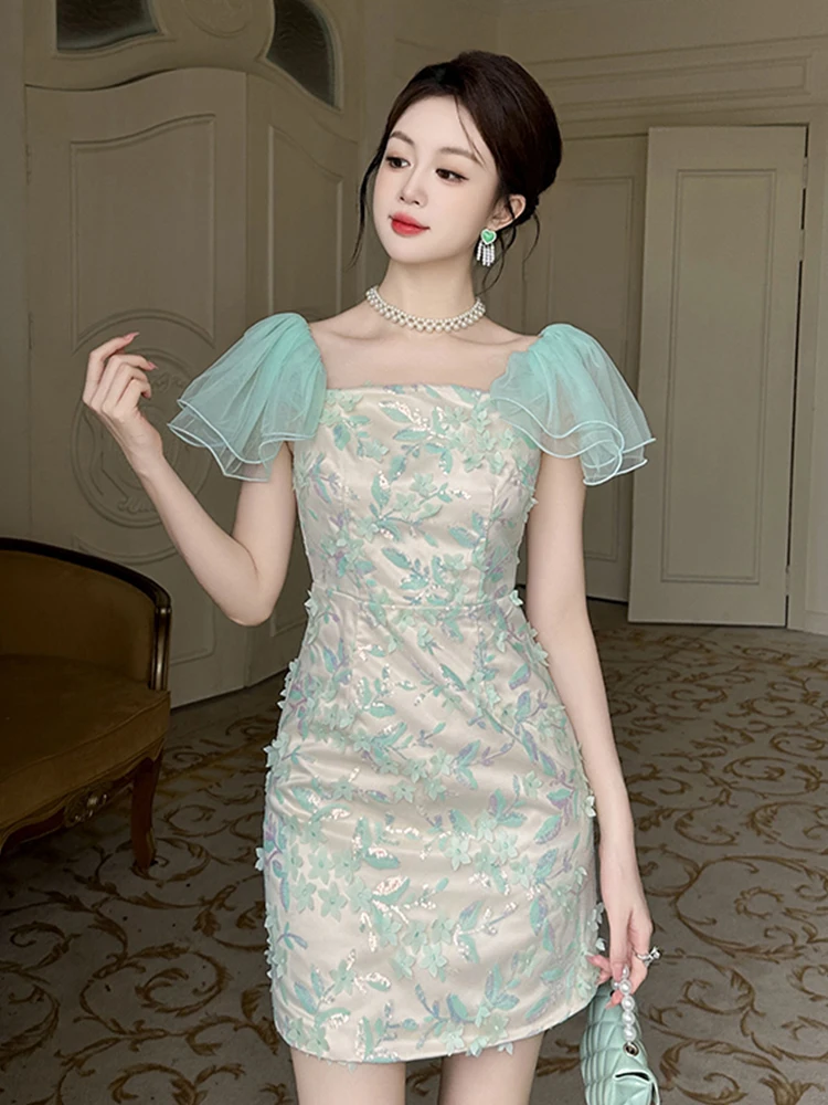 แฟชั่นฤดูร้อนลูกไม้เลื่อมดอกไม้วันหยุดชุดราตรีเสื้อผ้าผู้หญิงสาวหวานเซ็กซี่แขนฟอง Slim Party Prom Vestidos