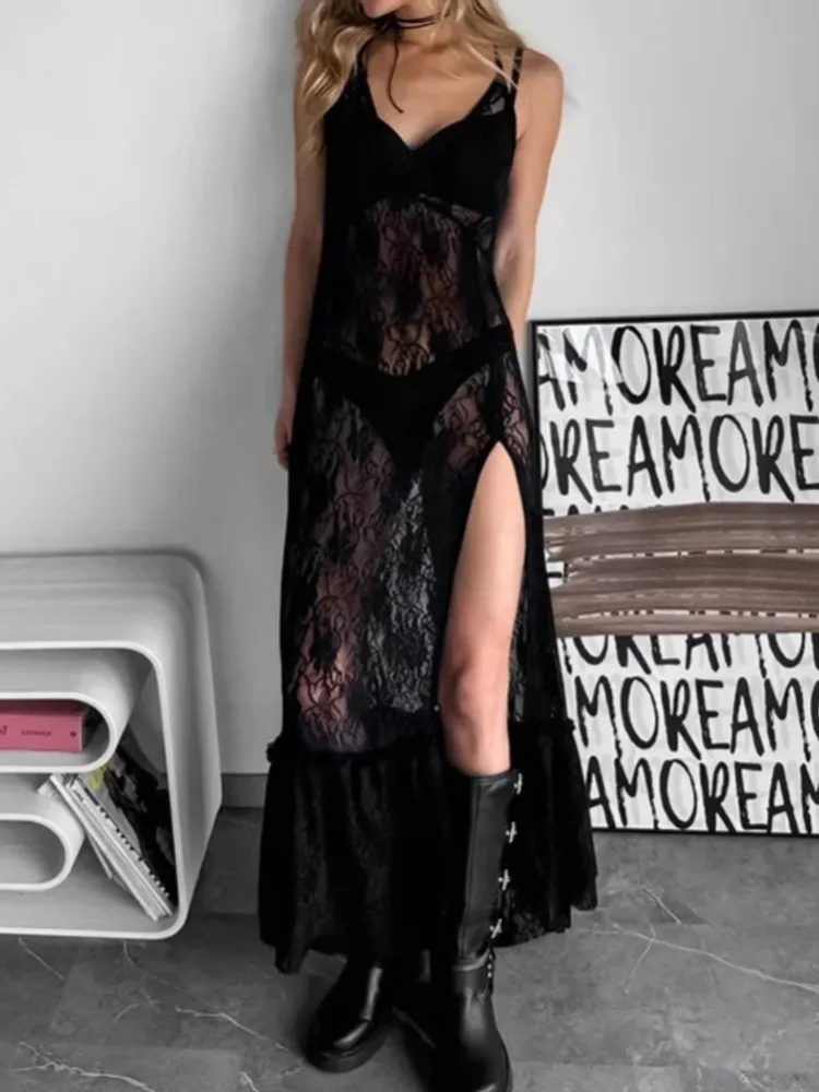 

Sexy Dresses For Woman See-through Lace Evening Dress V-neck Suspender Solid Color Robe Simple Style Temperament Patchwork Slim