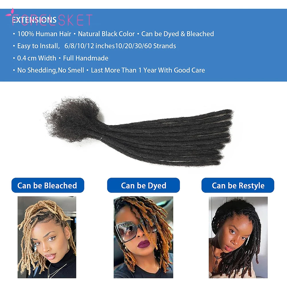 Extensiones de rastas de cabello humano brasileño para mujeres y hombres, rastas hechas a mano, 6-24 pulgadas, paquete de 10 unidades