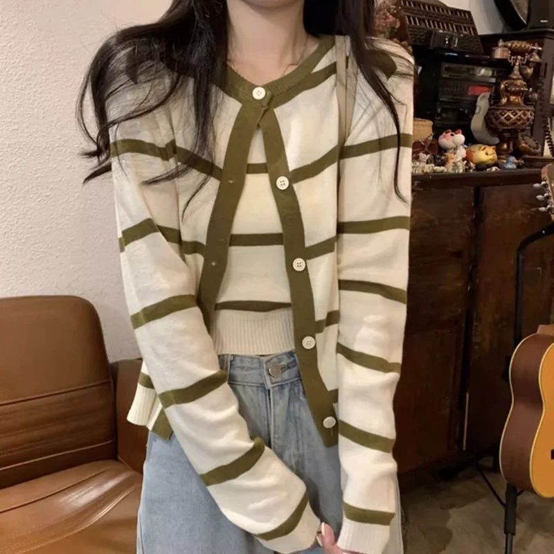 

Chic and Beautiful Striped Long-sleeved Knitted Cardigan Suit Women Spring Sweater Jacket Top Suspender Vest Two-piece Set