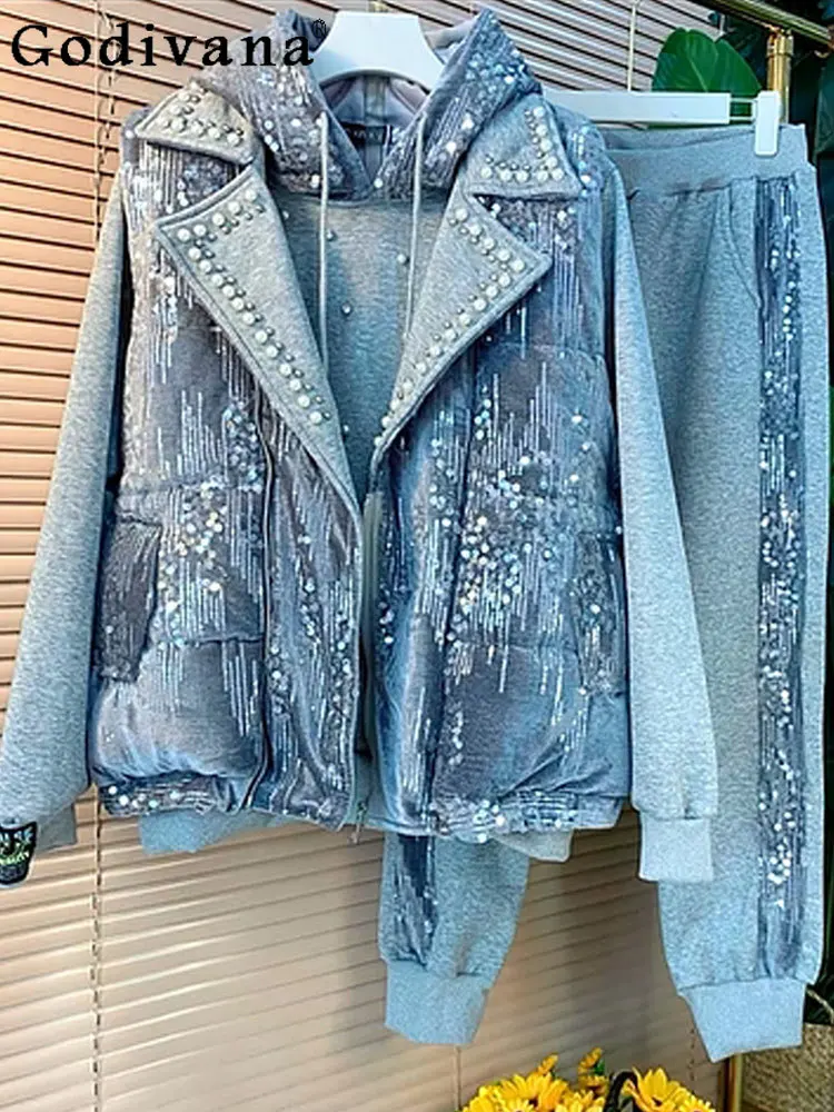 European Winter Large Size Women Fashion Beaded Sequin Sweatshirt Pants Plush Vest Three-piece Sets Heavy Industry Hooded Tops