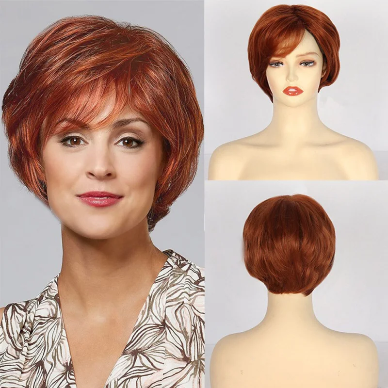 European American women's short straight red-brown fashion wig, fluffy synthetic fiber with side bangs and rose net cap