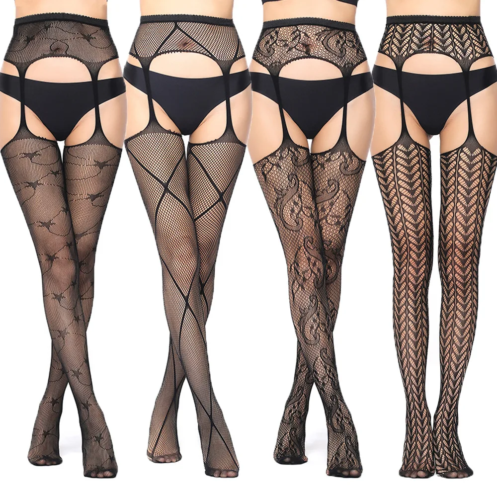 Women Sexy Lingerie Hollow Out Tights Lace Stockings Female Thigh High Fishnet Embroidery Transparent Pantyhose Stripe Stockings