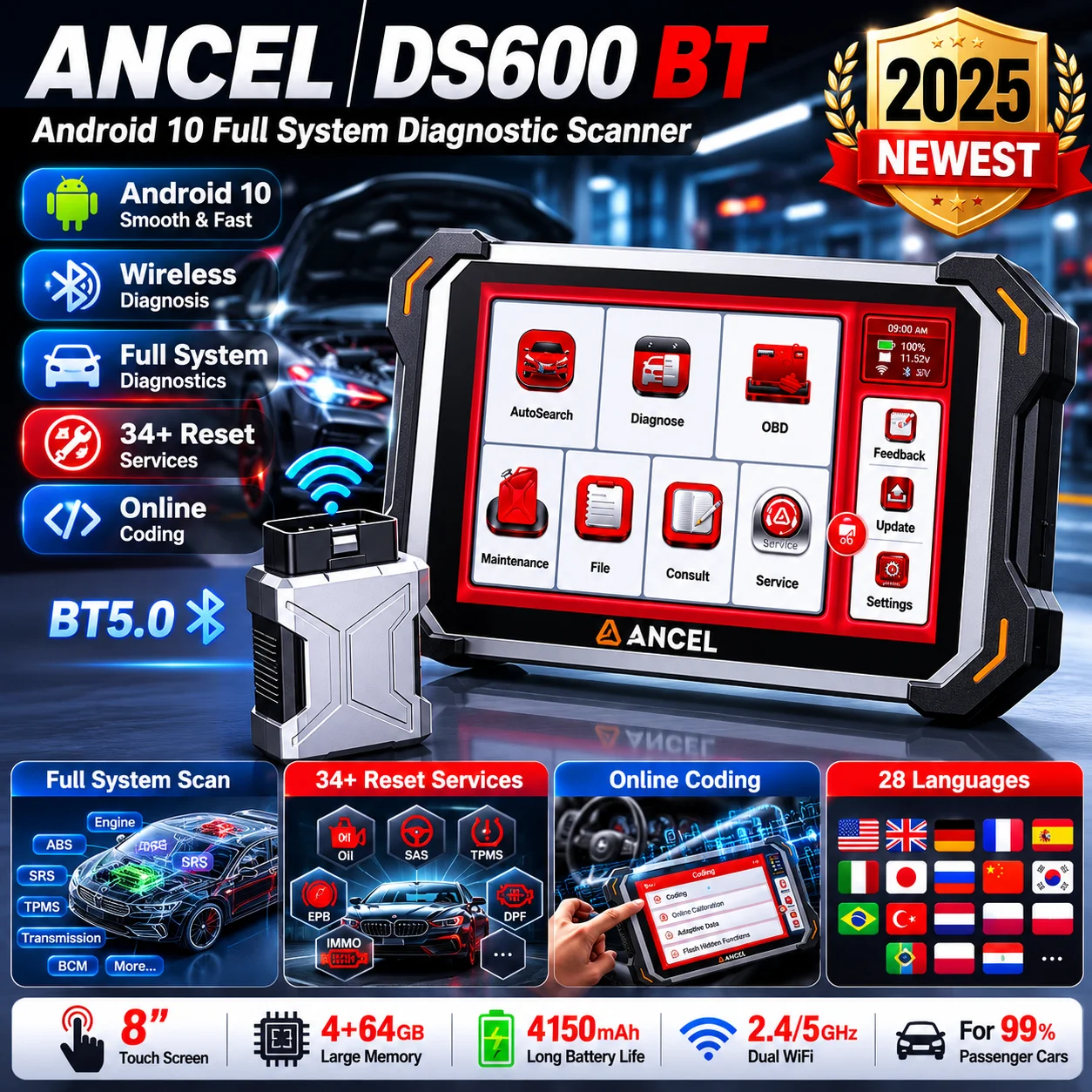 Scanner OBD2 ANCEL, outil de diagnostic bidirectionnel complet du système, codage ECU, test actif, 34+ services de réinitialisation, scanner automobile Bluetooth, CAN-FD FCA