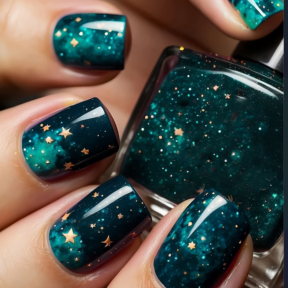 24 Uñas Postizas de Estilo Chino con Diseño de Cielo Estrellado Azul y Estrellas Doradas, Uñas Postizas de Alta Gama con Acabado Brillante, Ideales para Mujeres y Niñas para Uso Diario y Citas, Juego de Uñas Postizas Removibles con Pegamento de Gel y Lima
