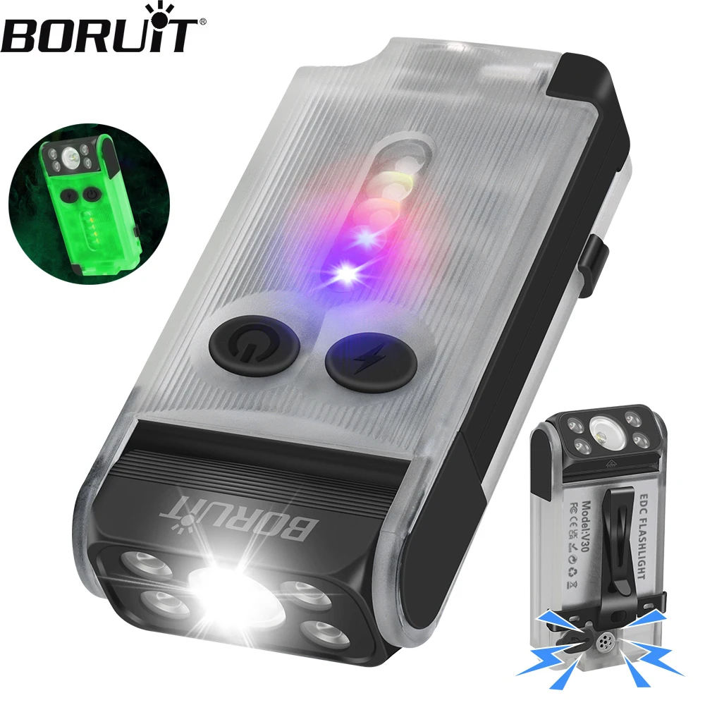 BORUiT-linterna LED V30 EDC, Banco de energía, luz de trabajo, linterna recargable tipo C, linterna de bolsillo para acampar con zumbador magnético y Clip