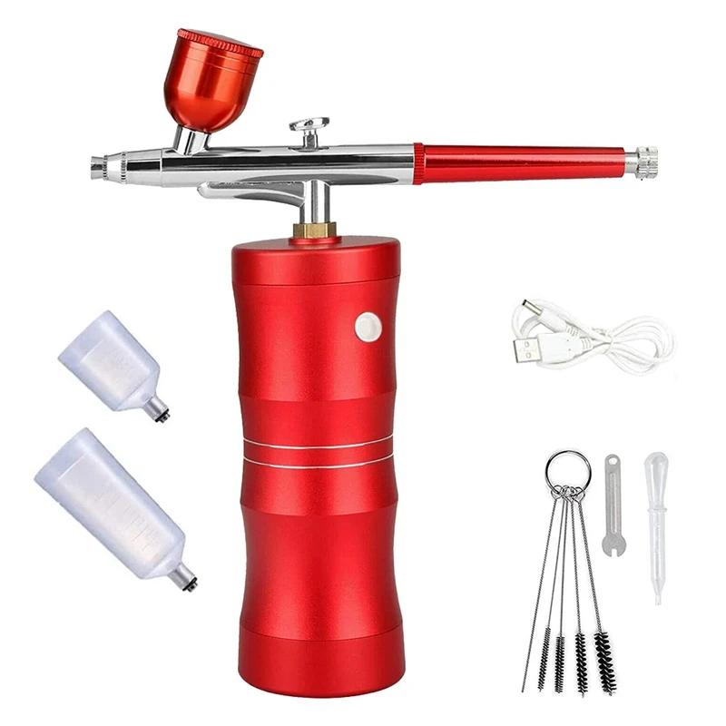 Portable Airbrush Accessories Parts Kit With Compressor, Rechargeable Cordless Handheld Airbrush Set With 3 Paint Cups, Red