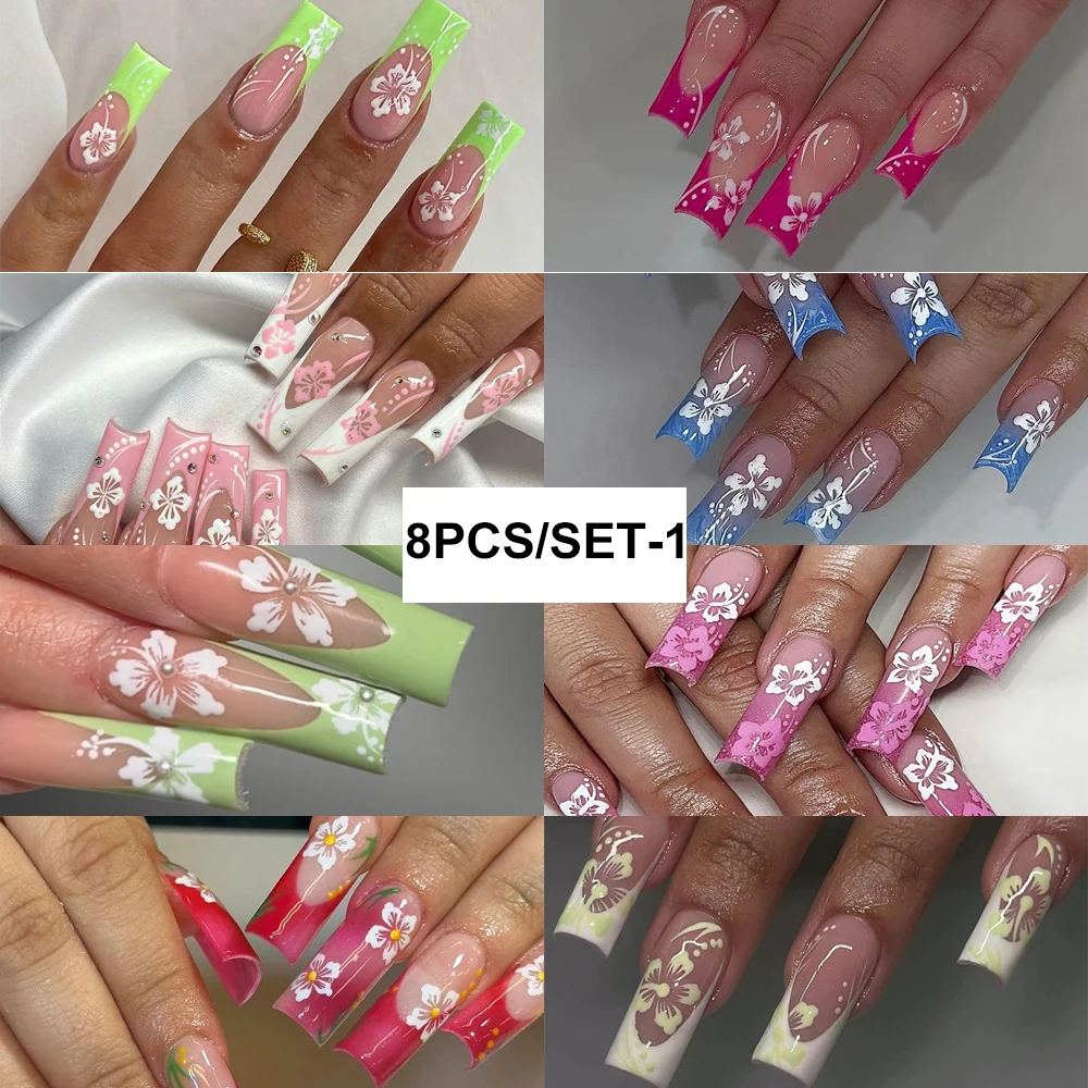 19pcs/8set-1 Press On Nails Long Ballerina-Blue Red Pink Purple Rose Red Green Yellow Cherry Blossom Green Leaf Design Fake Nail