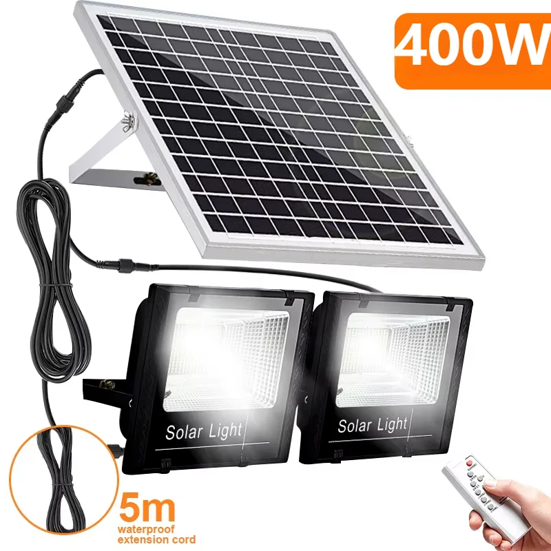 400W Led Solar Light High bright 2 Head Flood Light Waterproof Outdoor Garden wall light with Aluminum solar panel For garden