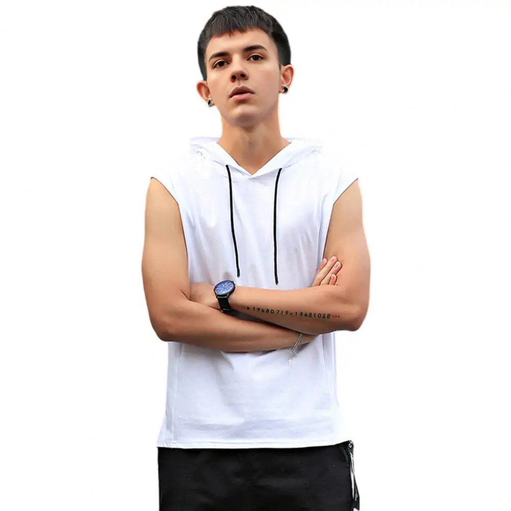 

Fitness Men Vest Hooded Drawstring Sleeveless Summer Vest Wide Shoulder Straps Pure Color Quick Drying Gym Sports Tank Top