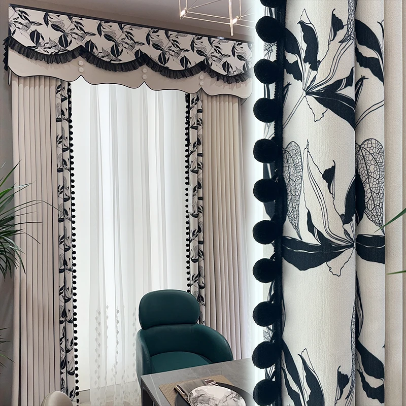 

Custom luxury modern French Nordic simple valance cotton lace texture black white blackout curtain tulle valance drape M1605