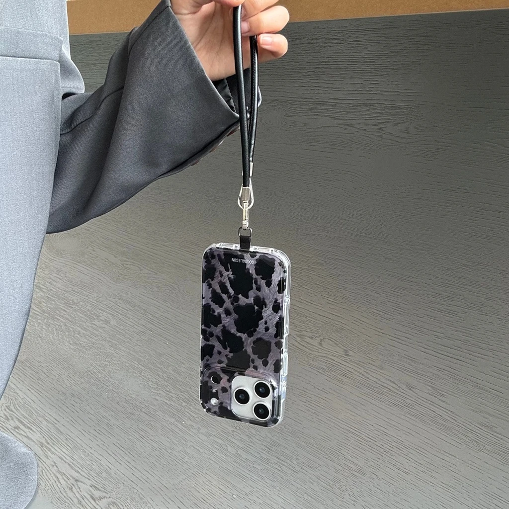 Creativity Graffiti Black Leopard Print Purple Tin Foil Pattern With Lanyard Phone Cover Case for iPhone 17 16 15 14 Pro Max
