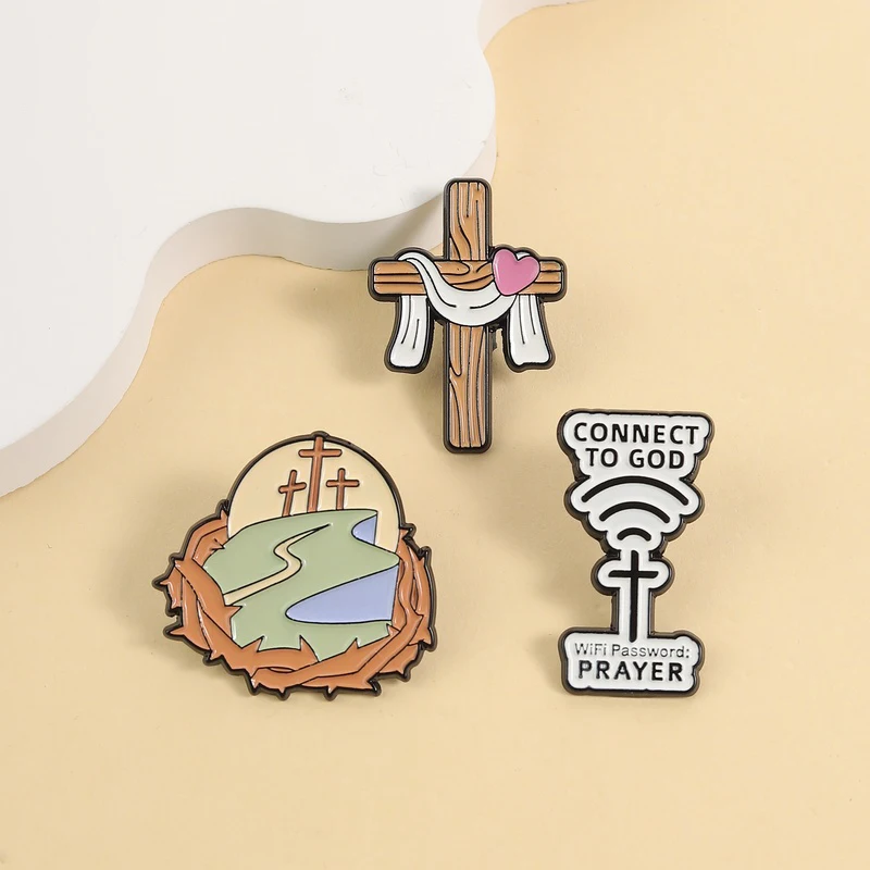 Easter Cross Enamel Pins Jesus Christ Brooches Badges Connect to God Wifi Prayer Faith Jewelry Gift for Friends
