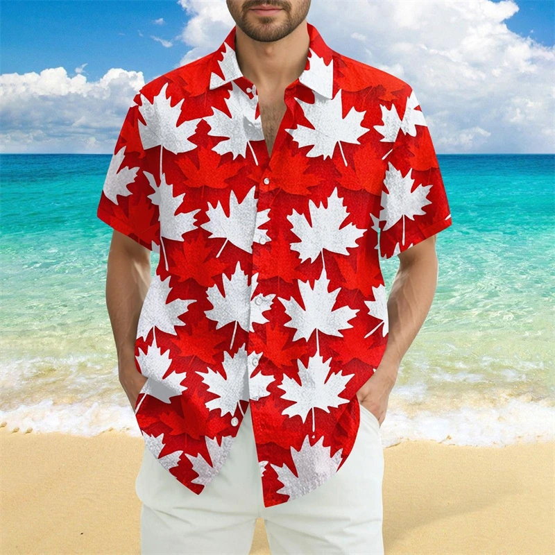 

Canadian Symbol Shirt Red Maple Leaf Retro Print Oversized Hawaiian Shirts Summer Outdoor Casual Simple Men Striped Shirts Top