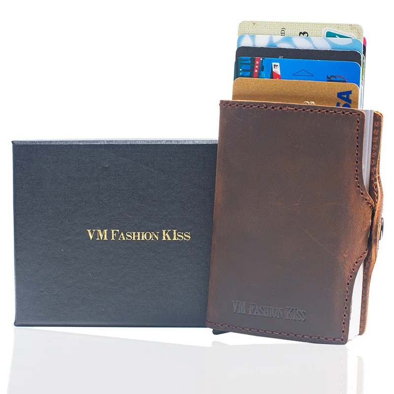 VM FASHION KISS Crazy Horse Leather Mini RFID Wallet Security Information Double Box Porte Carte Titular do cartão de crédito Metal Purse