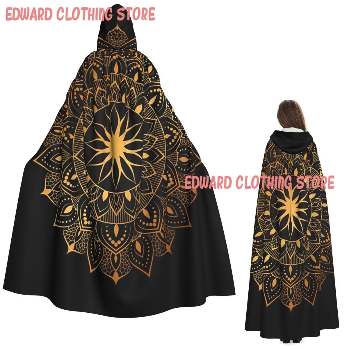 Mandala Long Hooded Cloak Witch Medieval Costume Cosplay Cape HalloweenParty Adult Unisex