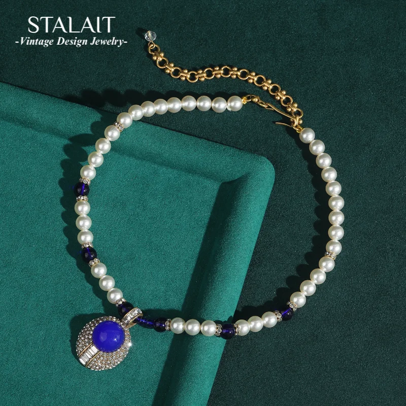 

Vintage Glass Blue Pearl Chain Lapis Lazuli Pendant Necklaces Luxury Designer Jewelry Brands For Woman Accessories Wedding Party