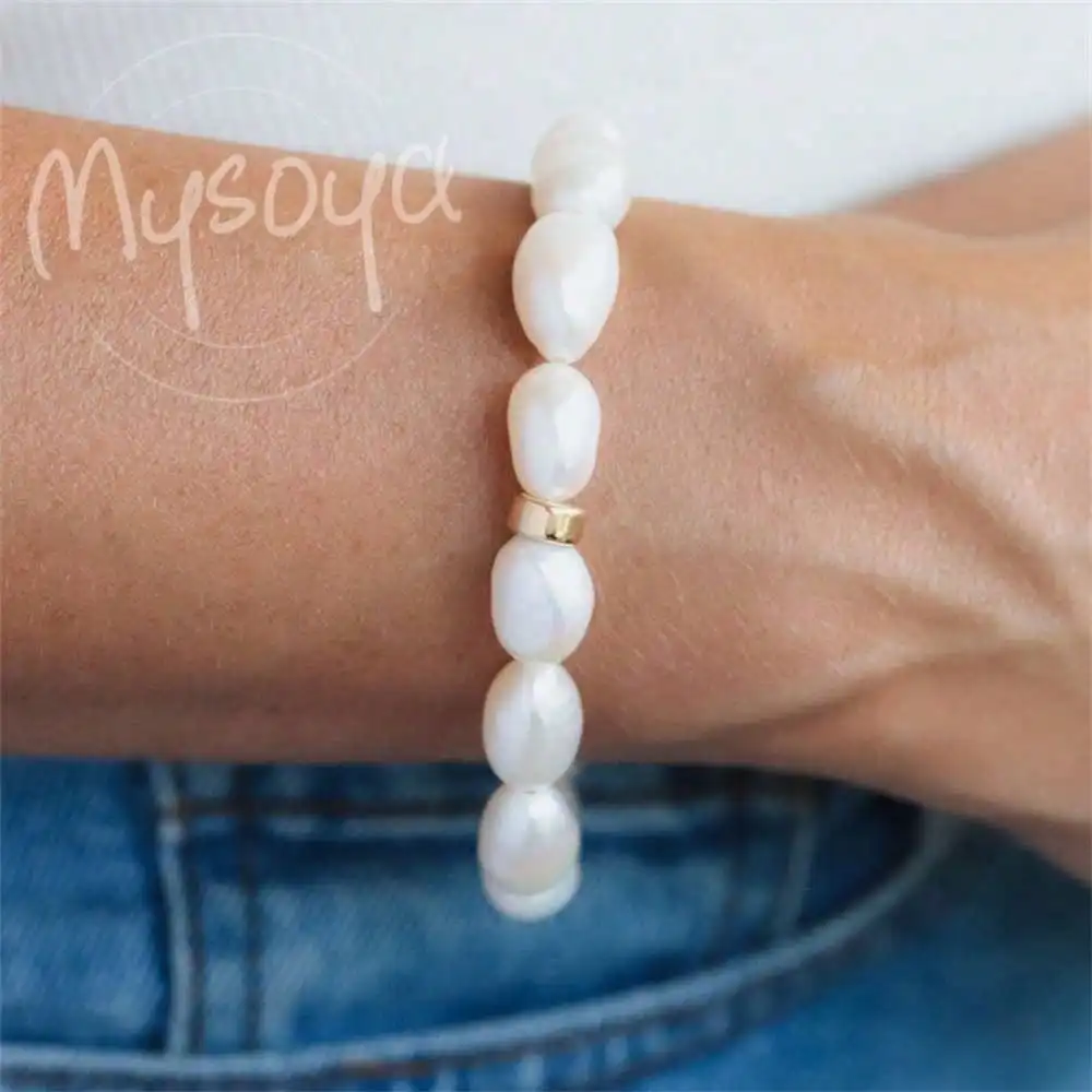 

MYSOYA White Rice-shaped Freshwater Pearl Bracelet 9-10mm Pearls Gift Box Anniversary Gift Gift for Girlfriend/Boyfriend
