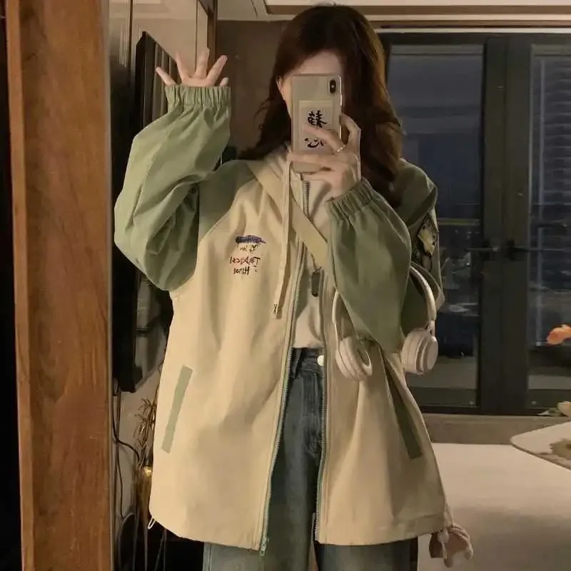 سترة نسائية بقلنسوة على طراز الكلية للربيع/الخريف وصلت حديثًا معطف فضفاض مناسب للطلاب غير رسمي متعدد الاستخدامات #5