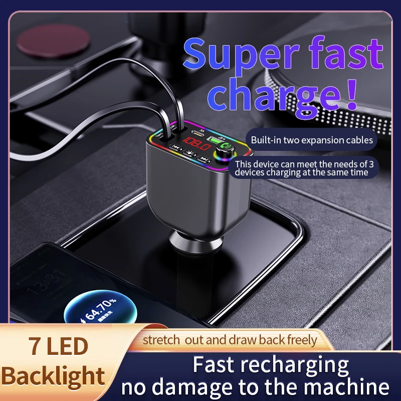 Y4 Retractable Car Charger: Fast Charge (Apple/Huawei) | Digital Display + Bluetooth MP3 & Cigar Adapter