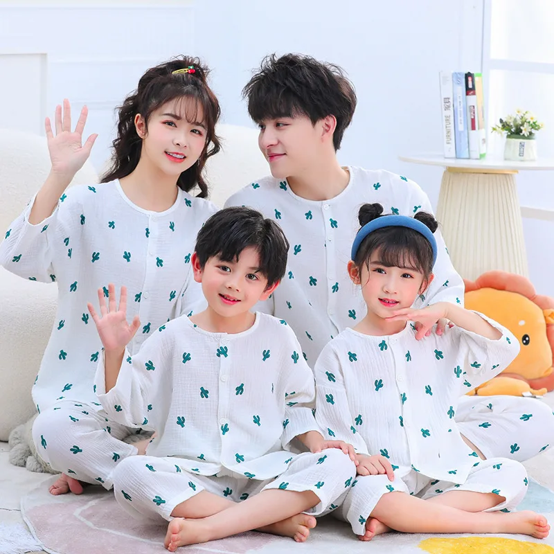 Boys Girls Summer Homewear Family Matching Set Clothes Dad Son Outfits Pajamas Mum Girl Muslin Cotton Shirt Tops+Pants 2PC