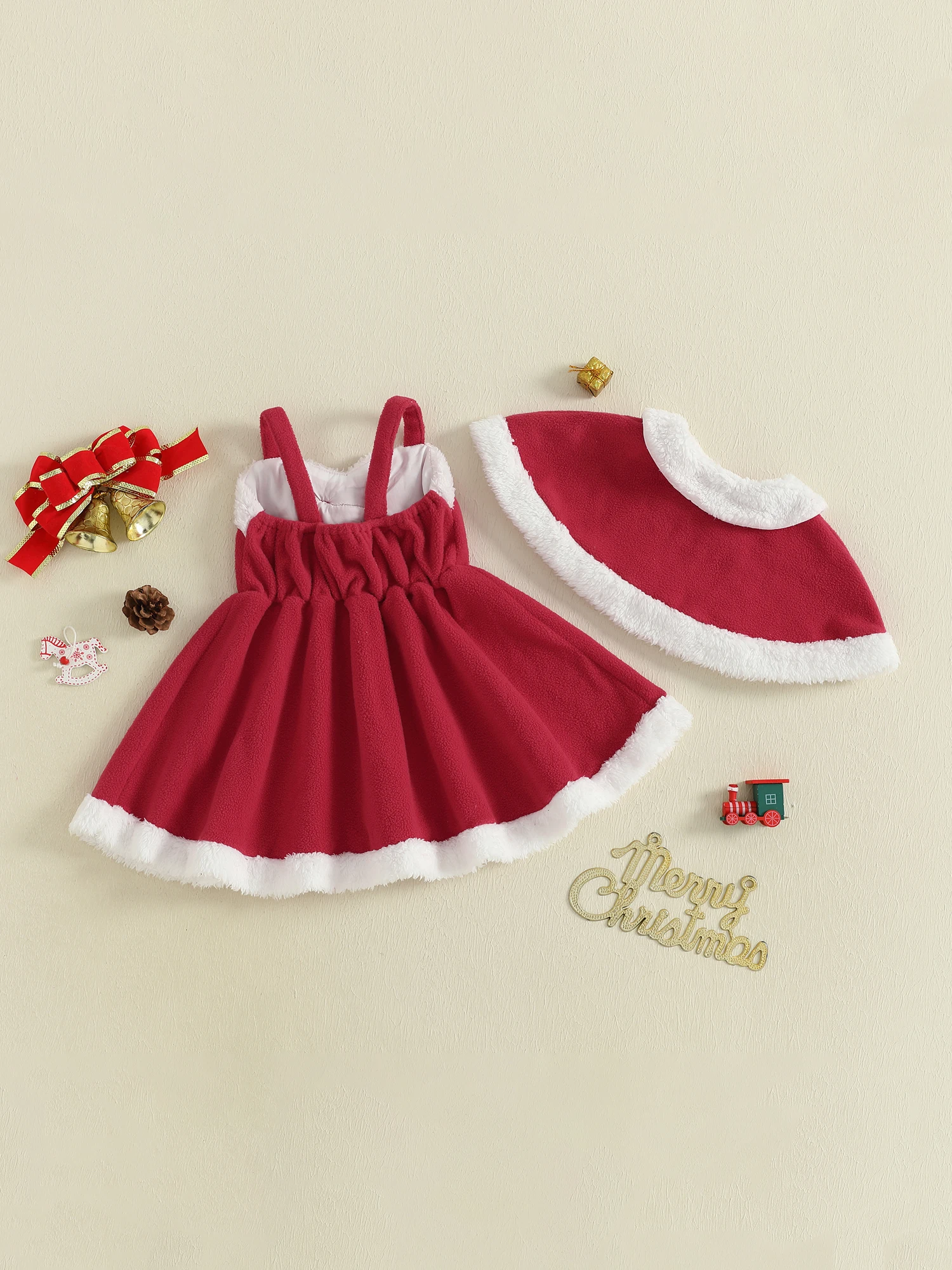 

Adorable Baby Girl Holiday Ensemble Velvet Bow Sleeveless Dress and Matching Cape 2 Piece Winter Outfit Set