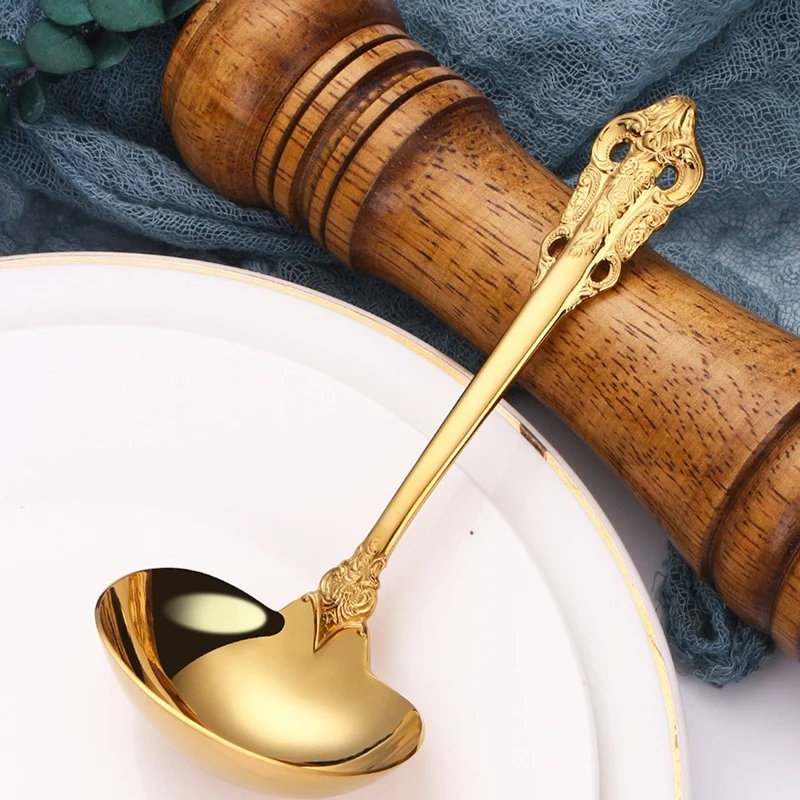 Alat masak aksesori dapur, sendok sup baja tahan karat 304, sendok melayani sup berlapis emas