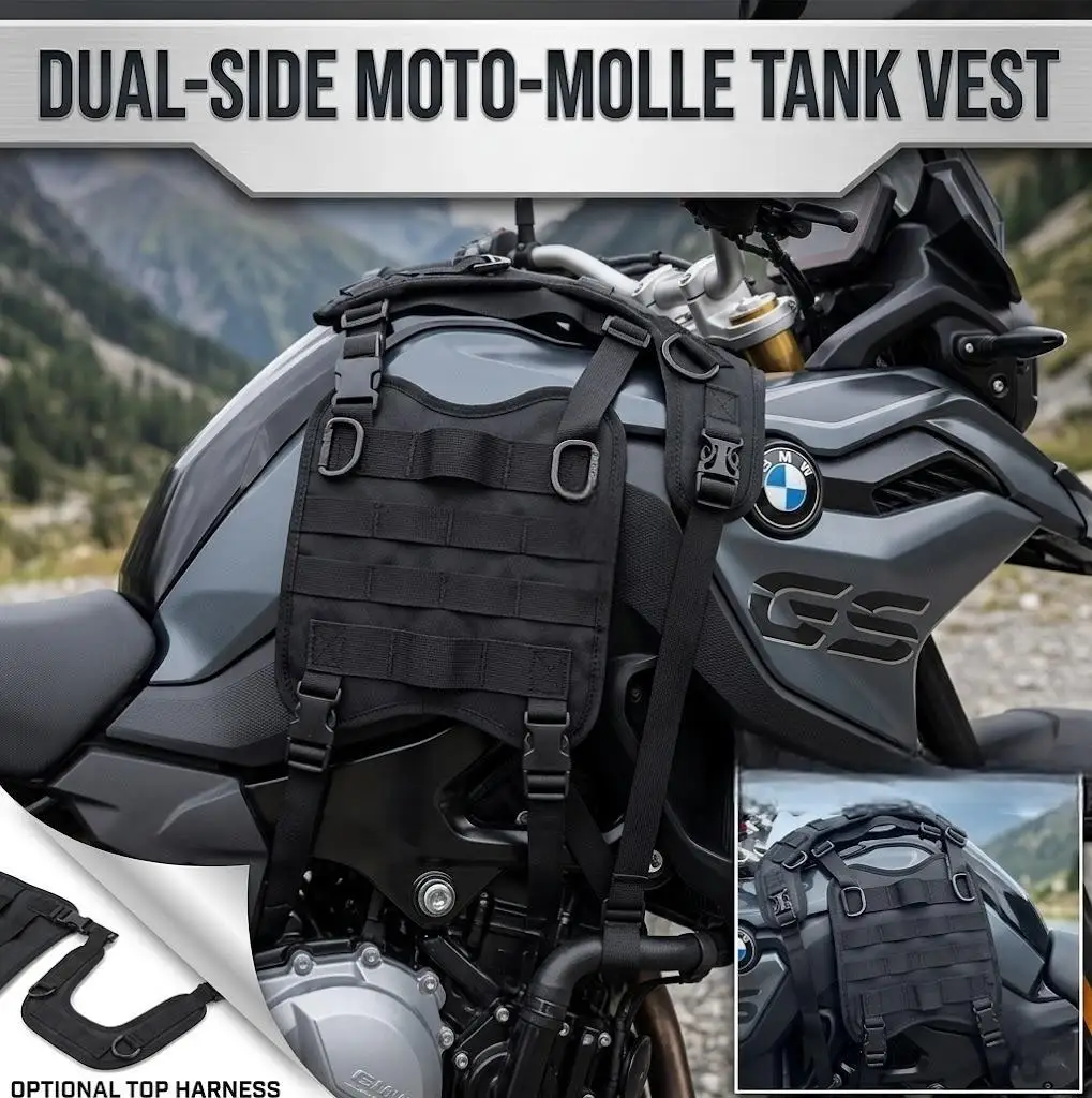 Motorcycle Molle Tank Vest Pair, Dual-Side Adjustable Fuel Tank Harness, Secure Mount for Adventure Touring