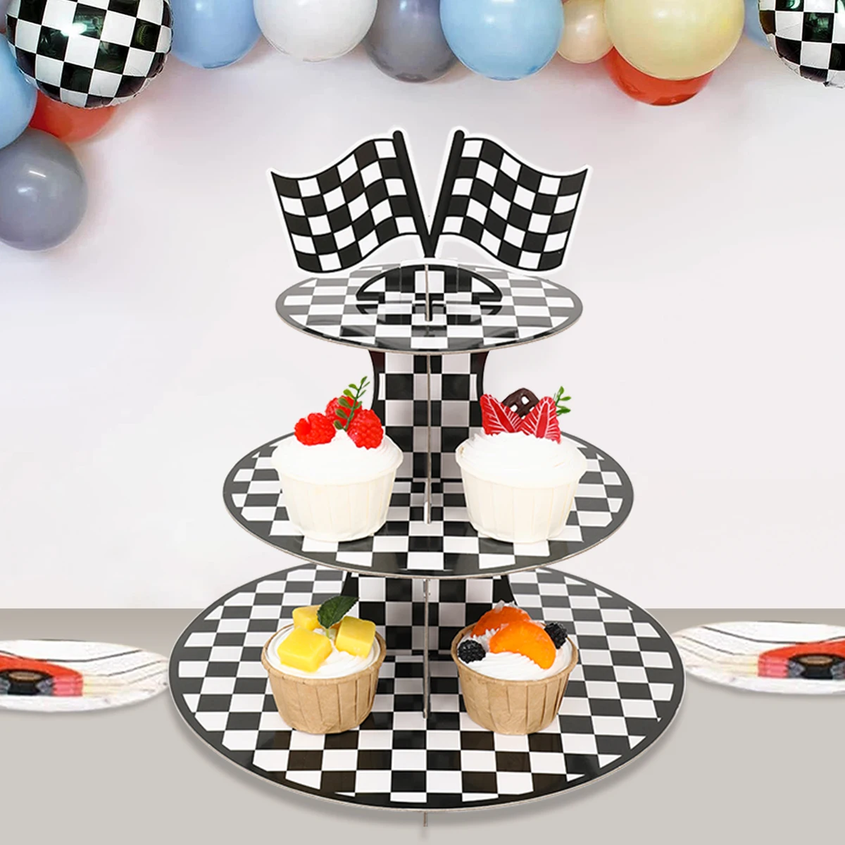 3-Tier Cartoon Racing Car Game Party Cake Display Stand Chessboard Grid Cupcake Rack Holder Birthday Party Cake Tray Decoration