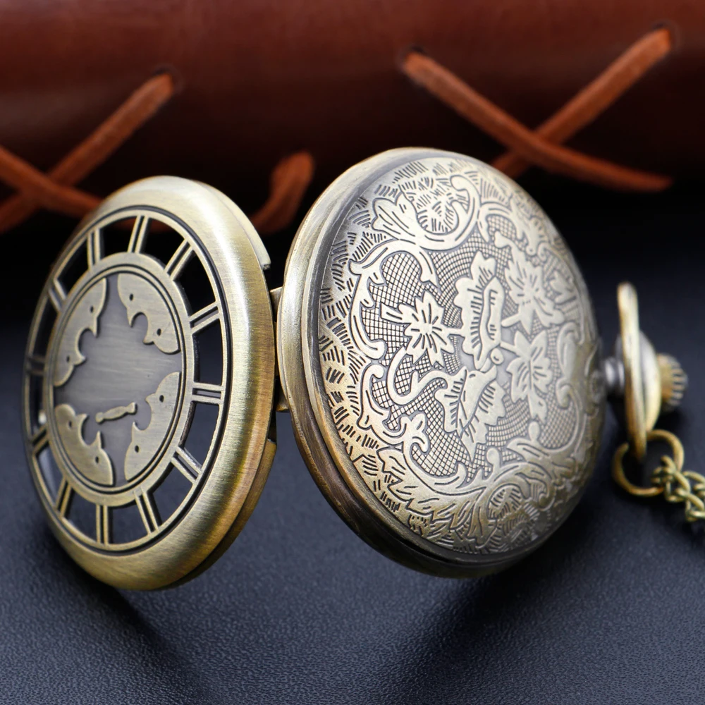 Digital Display 3D Hollow Engraving Steampunk Quartz Pocket Watch Exquisite Retro with Chain Necklace Pendant Jewelry Clock Gift