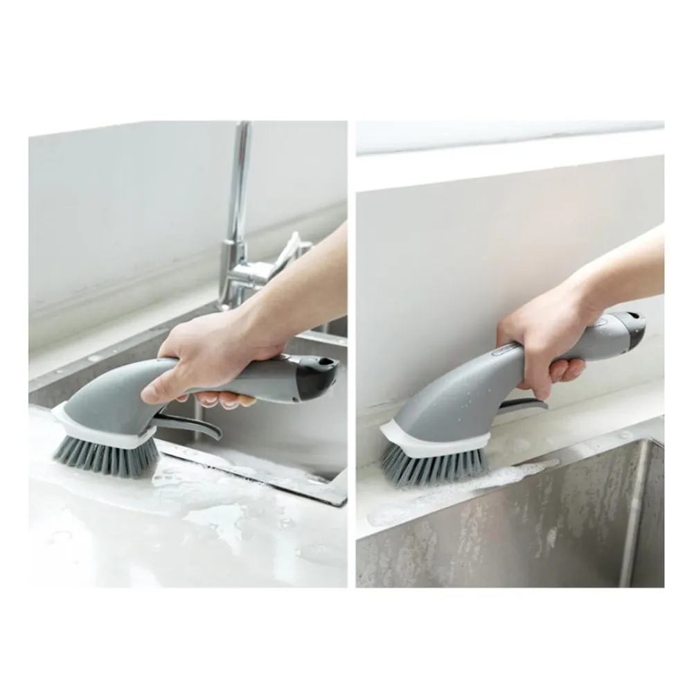 Kitchen Cleaning Brush Grey Automatic Liquid Add Long Handle Multi-Function Pot Cleaning Brush Convenient Detergent Control