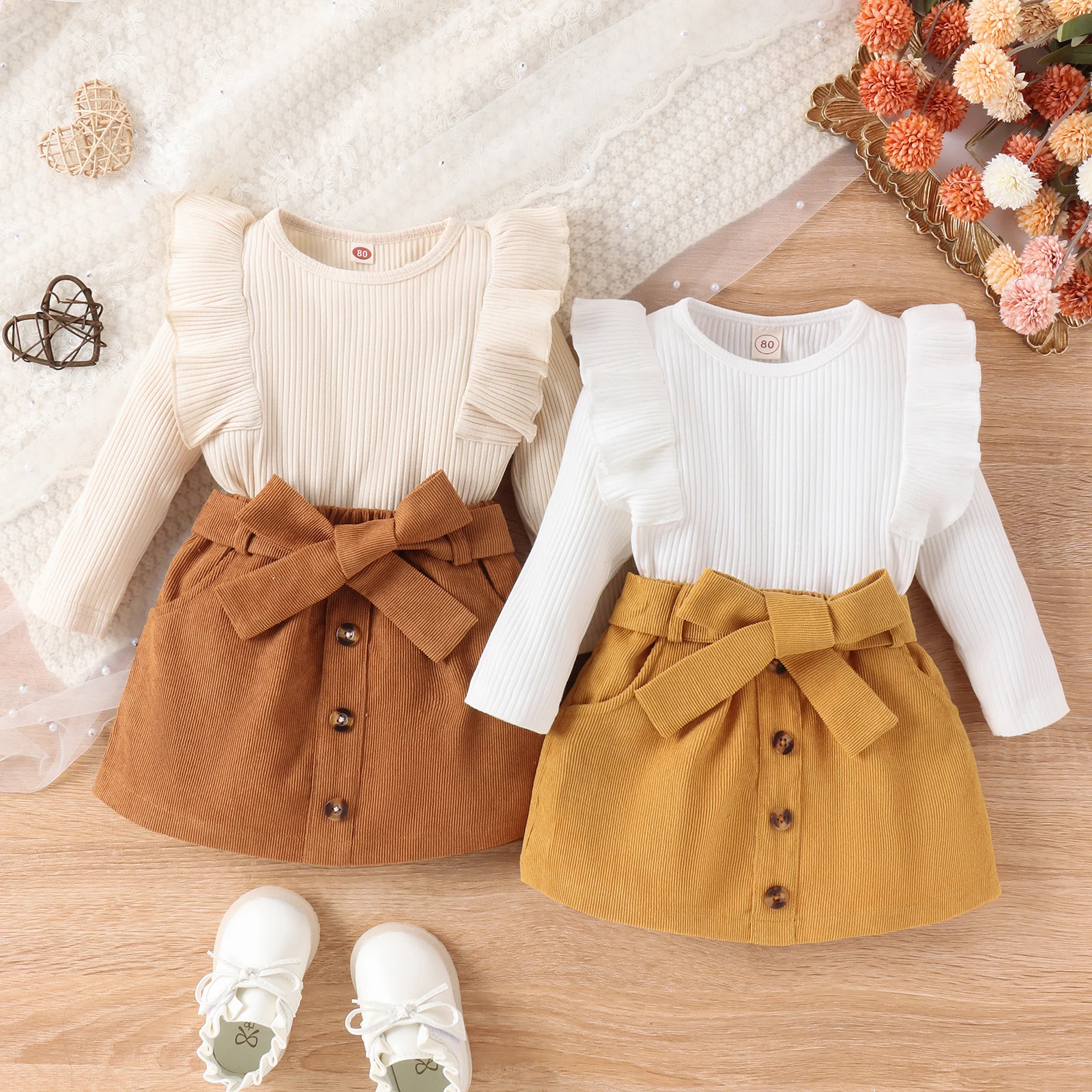 3PCS Autumn New Style 1-4 Year Old Girl Baby Trend Fashionable Round Collar Solid Color Flying Sleeve Top + Corduroy Skirt