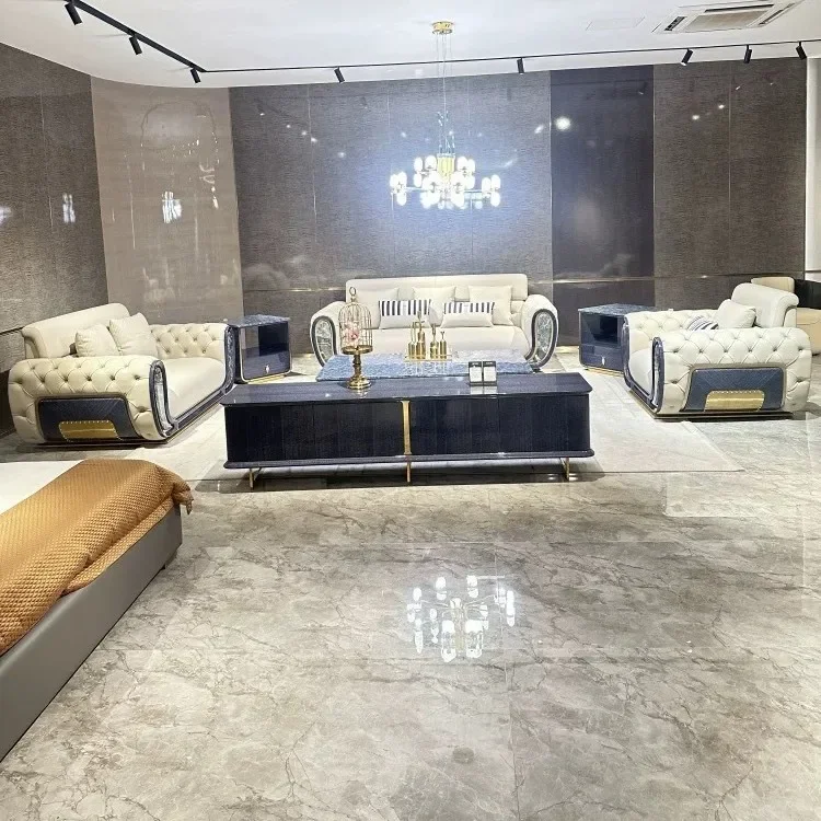 Italian light luxury living room, first floor cowhide sofa villa, large flat floor, high backrest, high-end designer solid wood