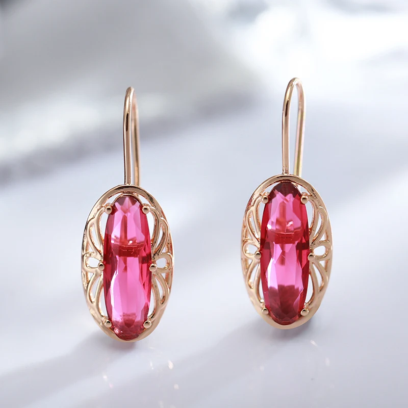 Kinel New Long Oval Red Natural Zircon Drop Earrings Fashion 585 Rose Gold Color Women Hollow Flower Earrings Vintage Jewelry