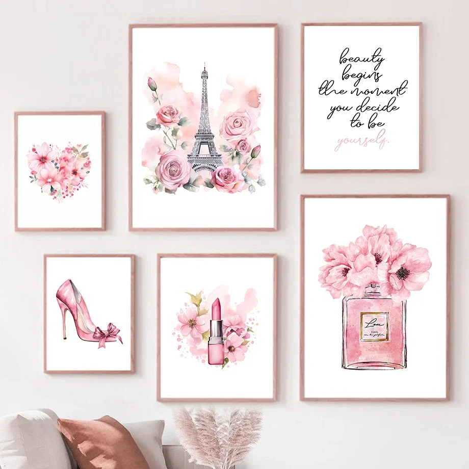 Paris Mode Kunst Poster Rosa Eiffelturm Parfüm Flasche Wand Kunst Leinwand Malerei Nordic Poster Hause Wohnzimmer Dekor