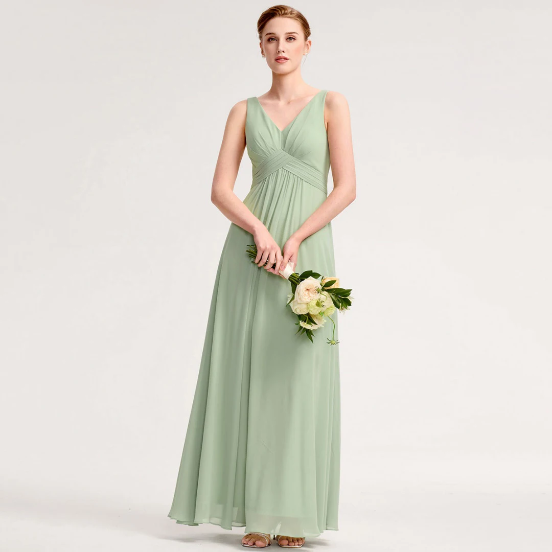 

Chiffon Chic Bridesmaid Dresses V-neck A-line Backless Pleated Prom Ball Gowns Elegant Sleeveless Wedding Guest Long Dress Sage