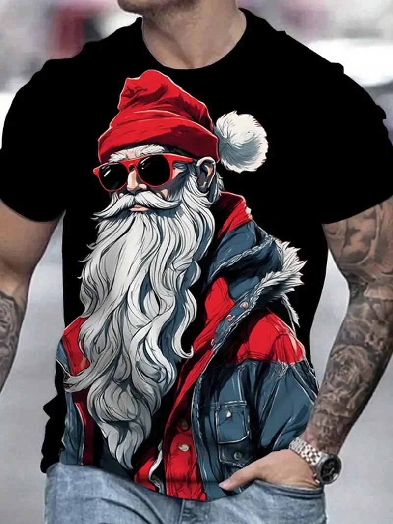 Camiseta con estampado 3D de Papá Noel para hombre, regalo de vacaciones de Navidad a la moda, cuello redondo, manga corta, ropa de Hip hop de gran tamaño