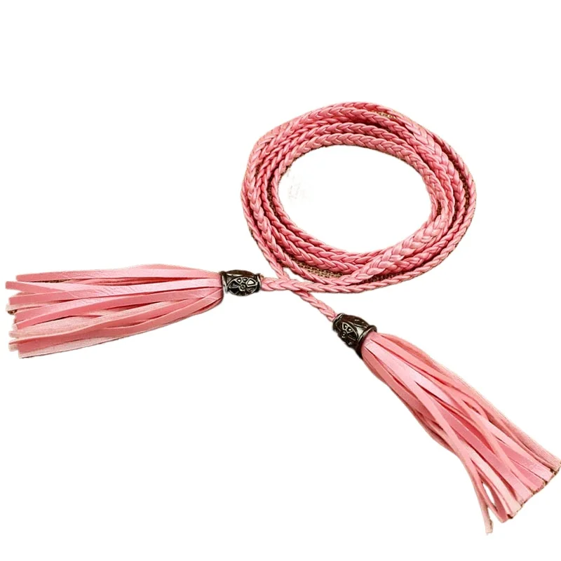 

Pink Braided Leather Belt for Women Red Tassel Waist Belt Ladies Thin Self Tie Bow Female Rope Narrow Long Dress Belt Black Red