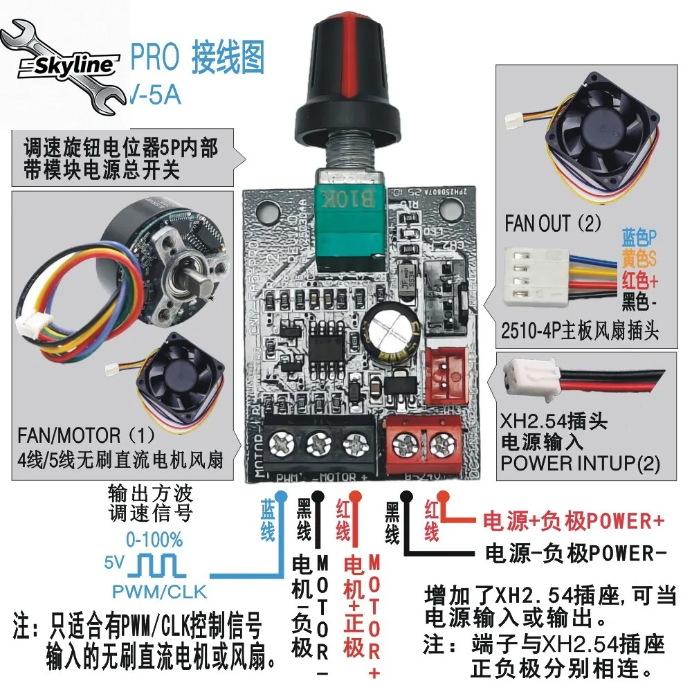 12V violent fan 24v module 4pin four-wire DC brushless motor PWM governor with switch