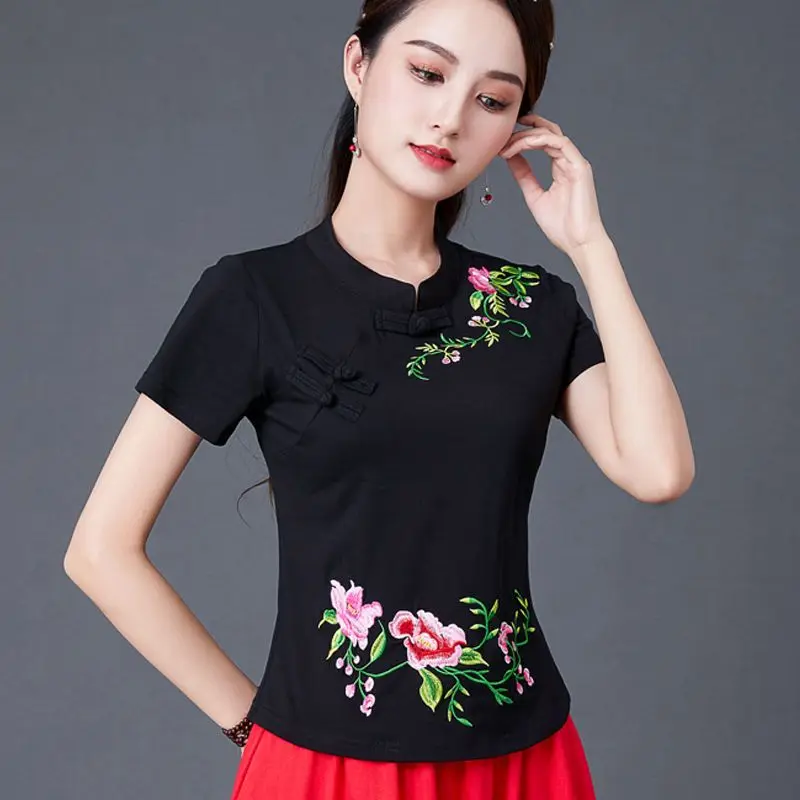 

Cheongsam Women's Plus Size Tops 2023 Summer Cotton Blend Embroidery Splicing Tradition Chinese Style Dance Costume Shirts Woman