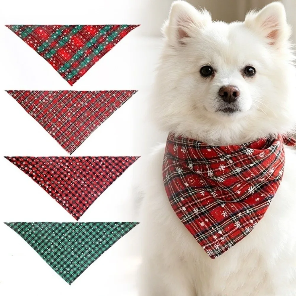 Washable Polyester Cotton Christmas Pet Triangle Scarf Snow Print Plaid Dog Bandanas Soft Dog Saliva Towel Christmas