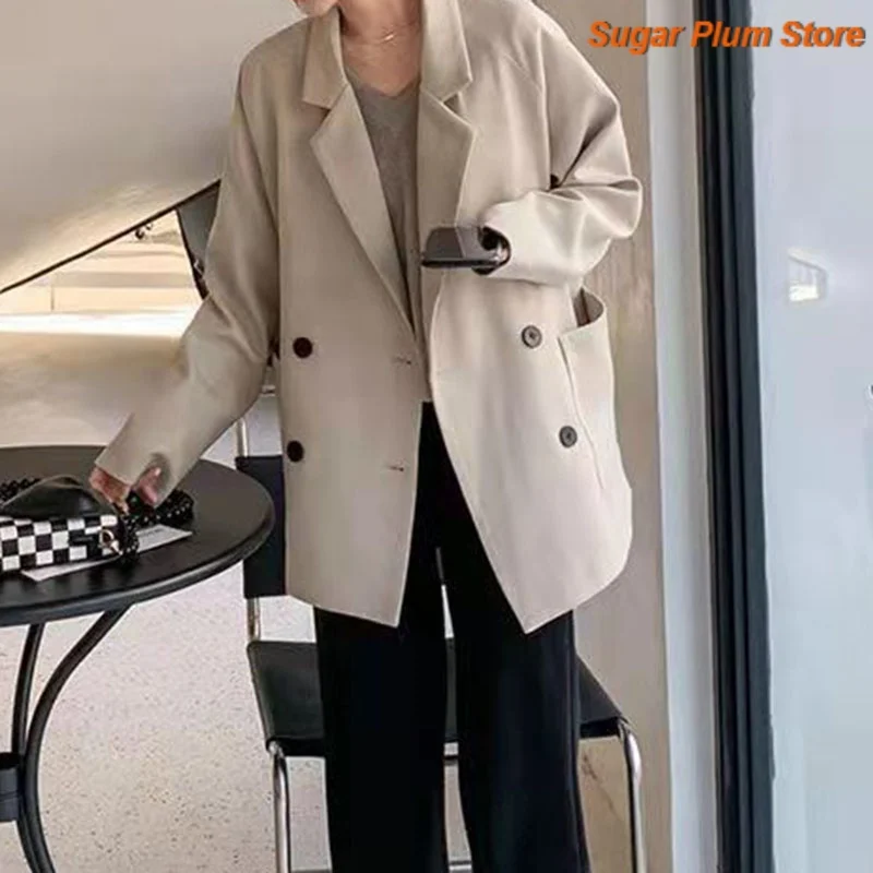 Korean Version of Minimalist Women's Spring and Autumn New Long Double-breasted Casual Small Suit Loose Casual Contrast Coat