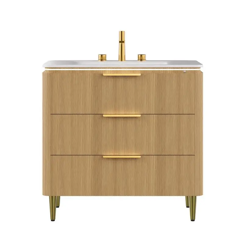 Vanity e lavabo da bagno da 36'', mobiletto indipendente in compensato con griglia ultrasottile, 3 cassetti, pietra bianca Carrara integrata