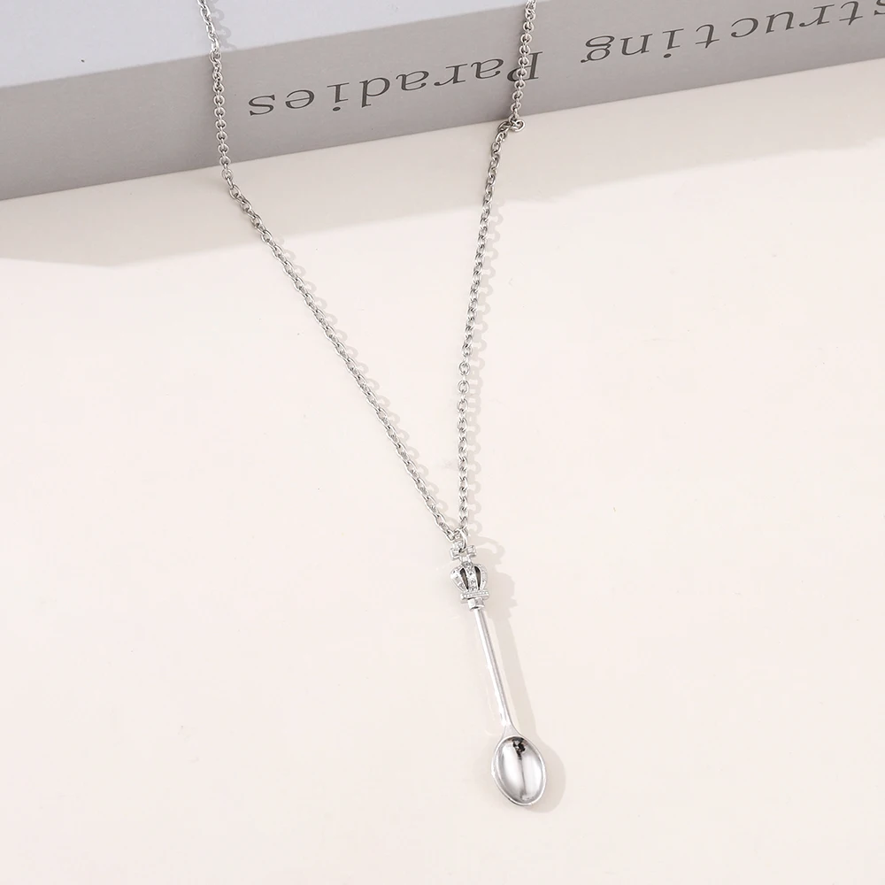 Fashion Women Men Crown Mini Tea Spoon Shape Pendant Long Chain Necklace Sweater Metal Chain Necklace Jewelry