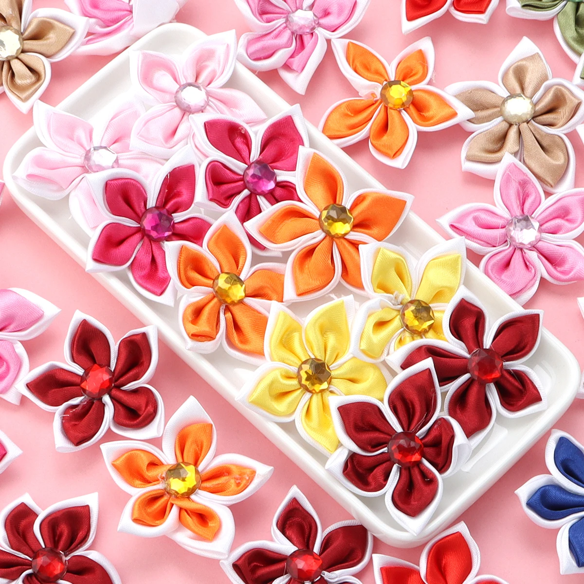 

10 шт./лот, двухслойные цветы из полиэстера, пятиугольные цветы из искусственной ткани со стразами для украшения поделок, аксессуары